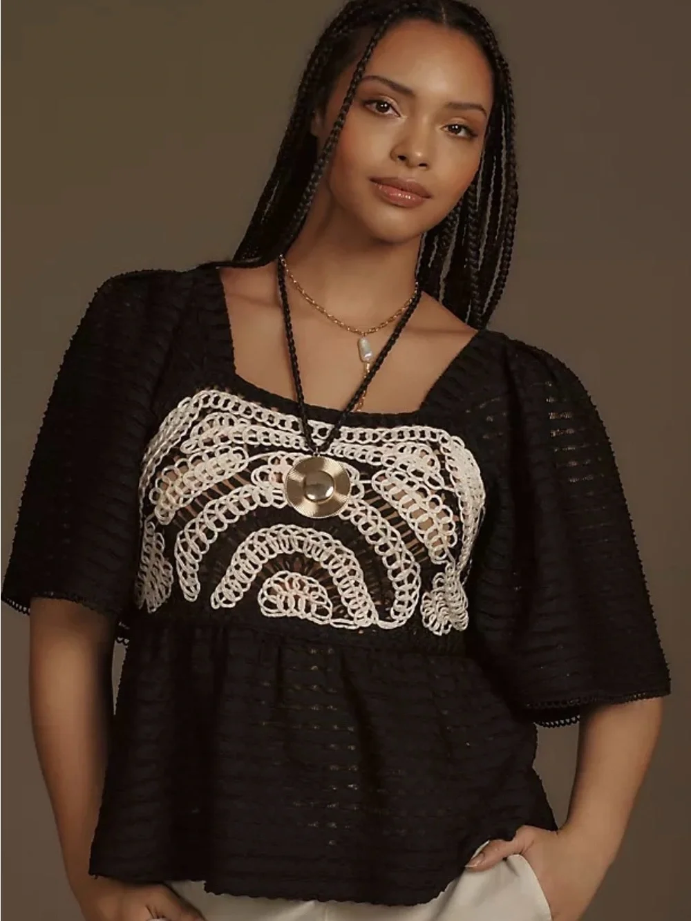 Anthropologie x Sarah Hann Flutter-Sleeve Crochet Top | Black & Cream | Size XS